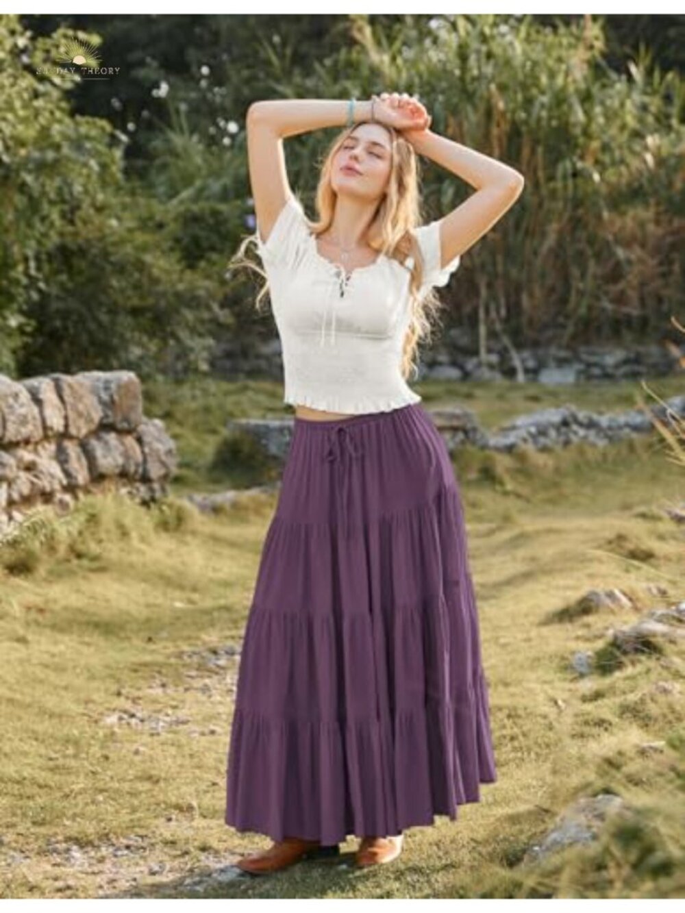 Tiered Renaissance Maxi Skirt Flowy Ankle Length Elastic Waist Side Pockets - Picture 3 of 6